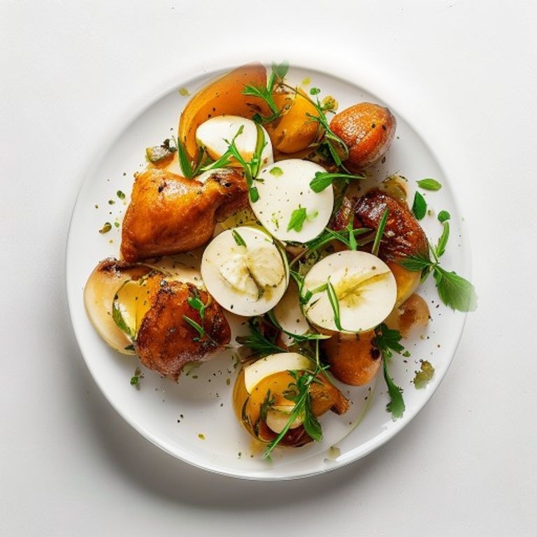 Poulet, poire, endives et noisettes