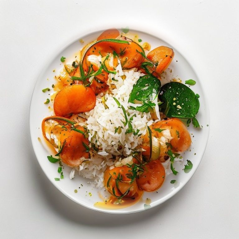 Crevettes, riz et courgettes au curry