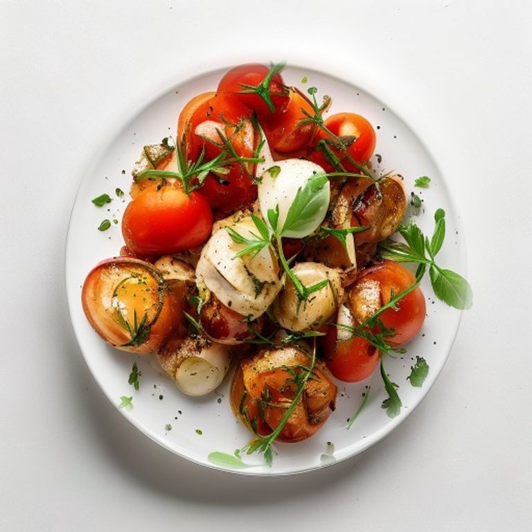 Poulet, tomate, artichauts et basilic