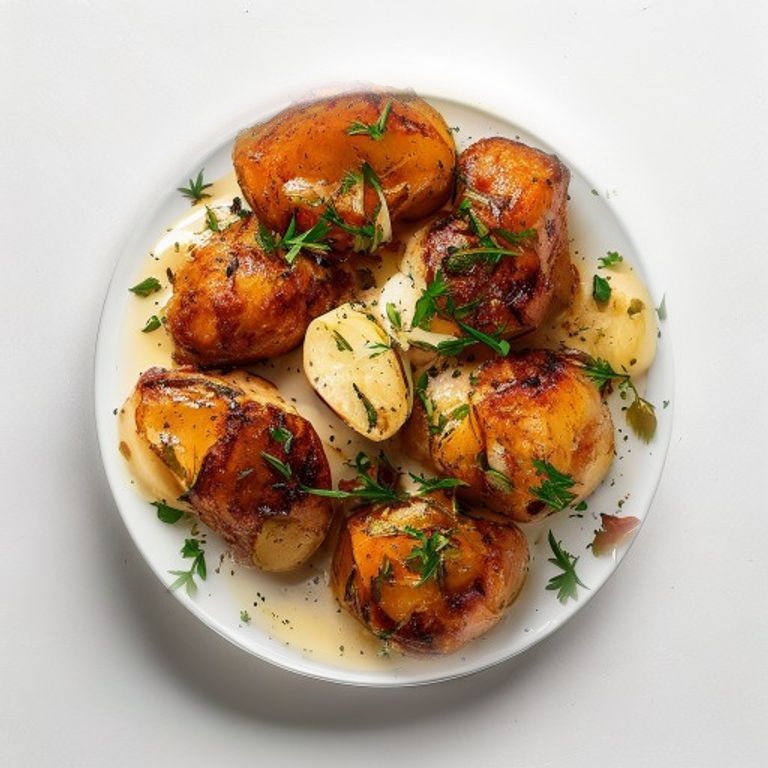 Poulet rôti au beurre et romarin, pommes de terre fondantes