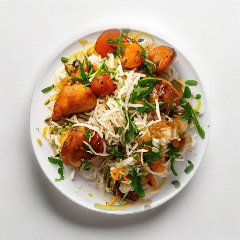 Poulet, vermicelles de riz et légumes