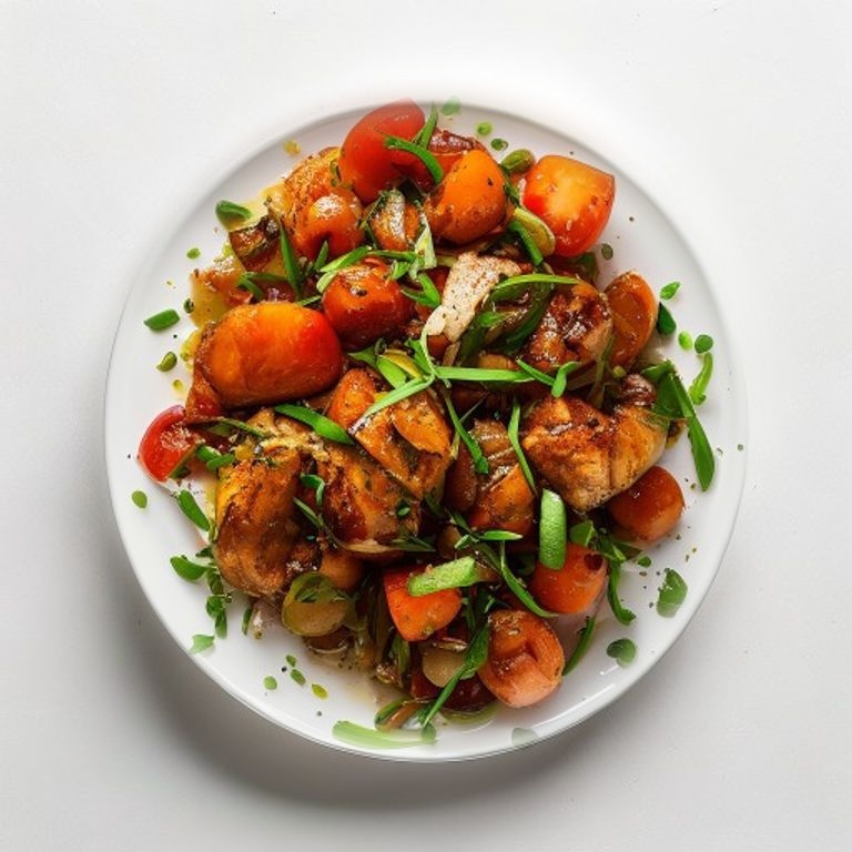 Poulet, lentilles vertes, tomate et cumin