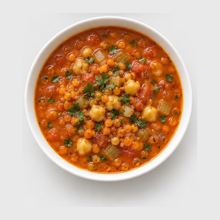 Soupe de lentilles, pois chiches et tomate façon harira