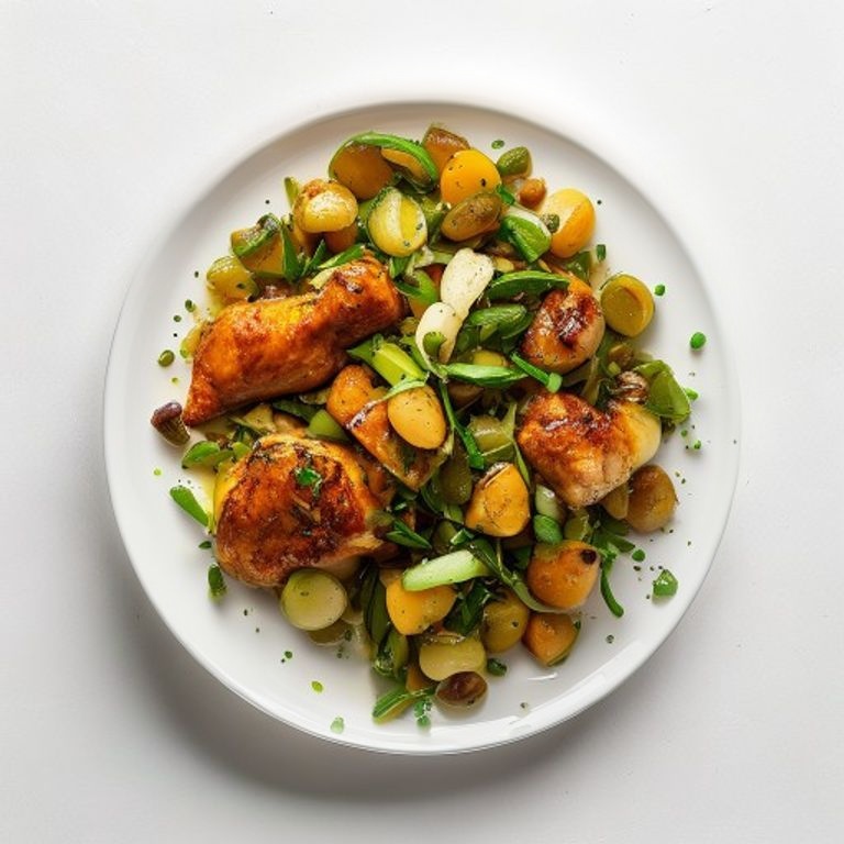 Poulet, lentilles vertes et poireau mijotés