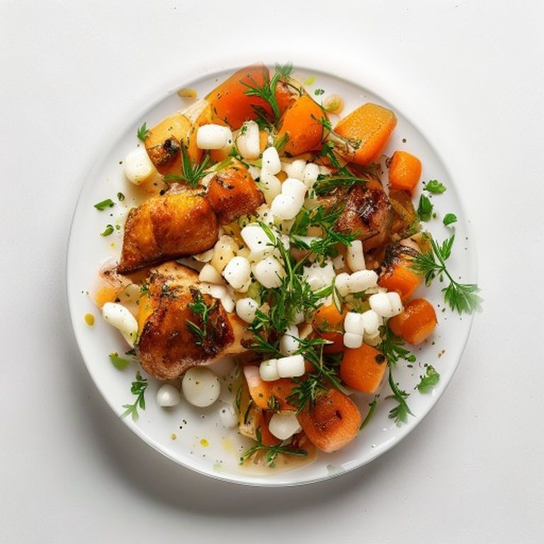 Poulet, haricots blancs, carotte et romarin