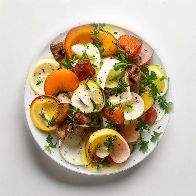 Poulet, chou-fleur cru, radis et citron
