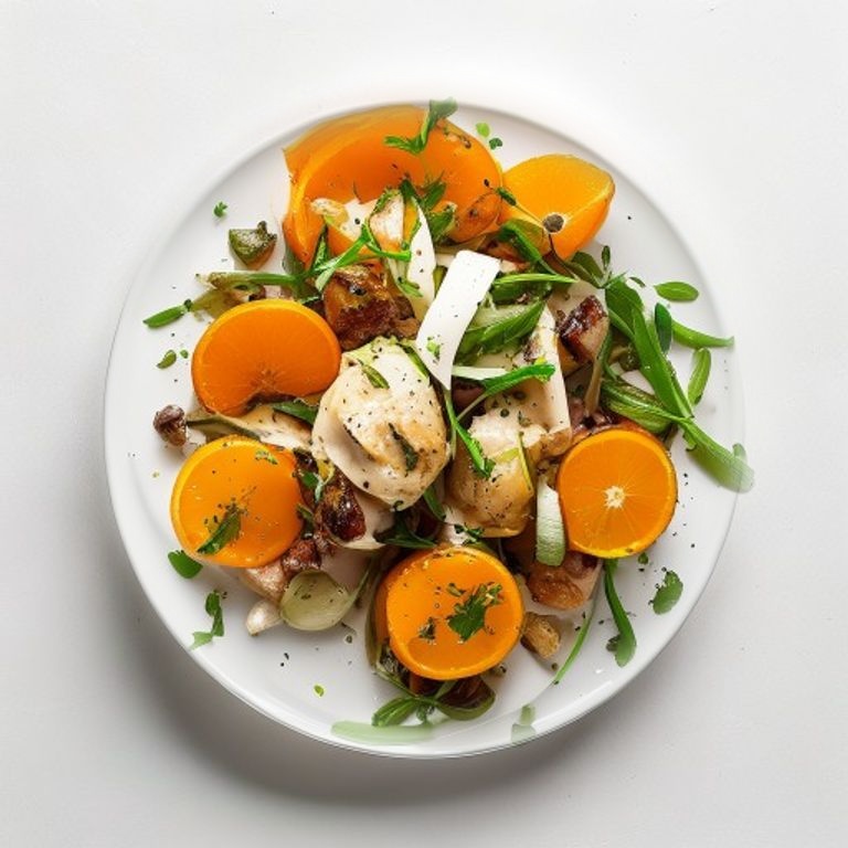 Poulet, endives, orange et noisettes