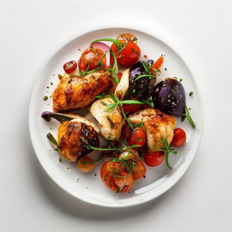 Poulet, aubergine, poivron et tomate