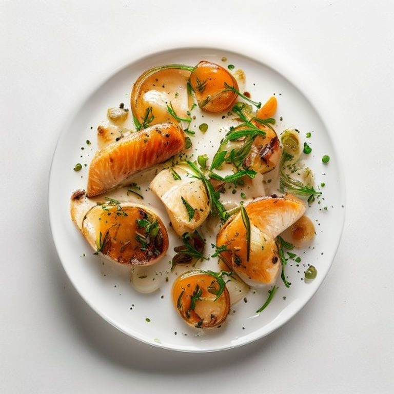 Saumon, champignons de Paris et échalote