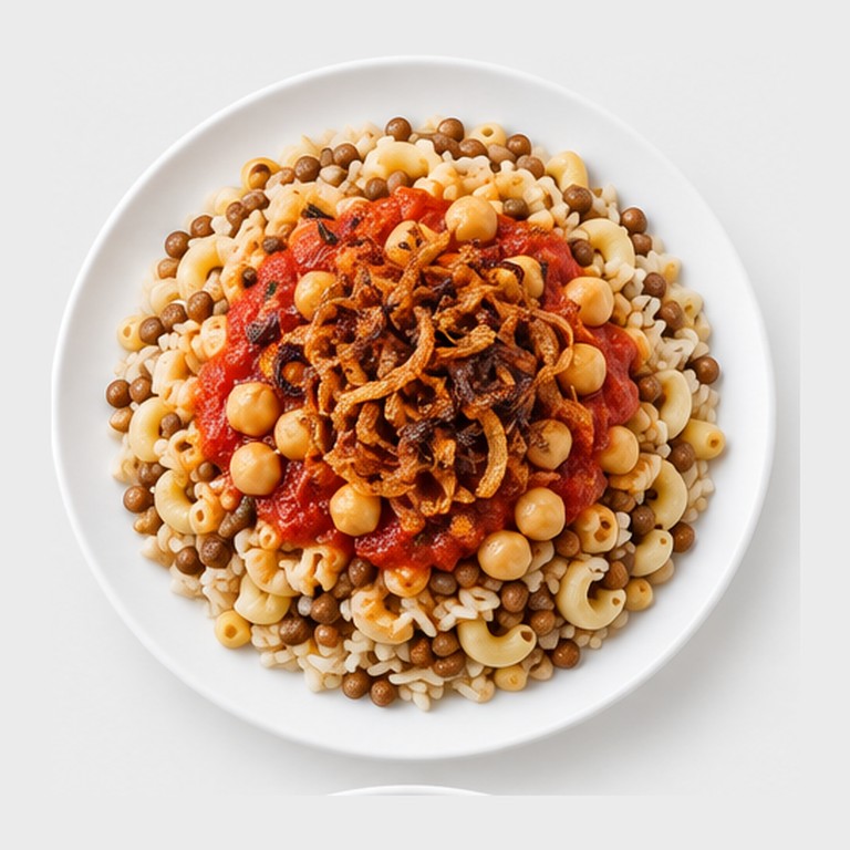 Riz, lentilles, pâtes et sauce tomate façon koshari