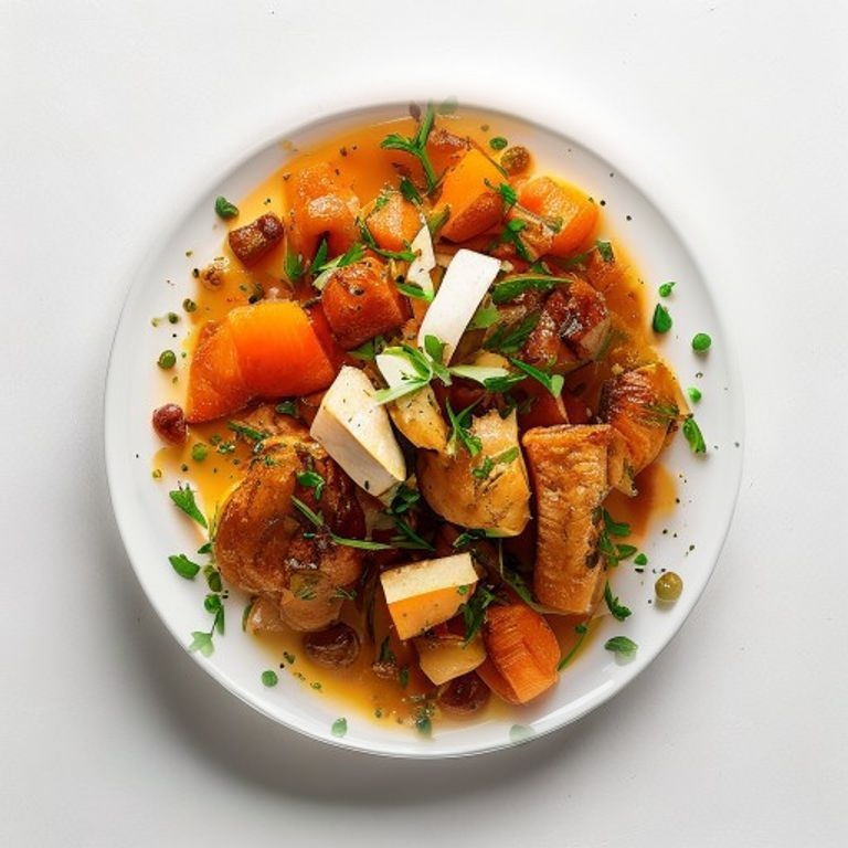 Poulet, carotte, petits pois au curry
