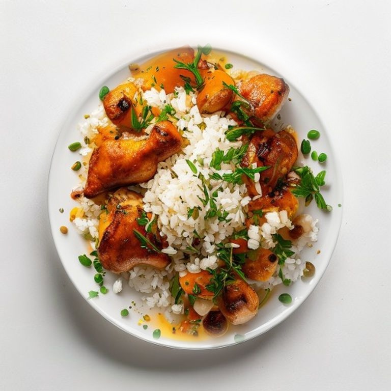 Poulet, riz basmati, petits pois et cumin