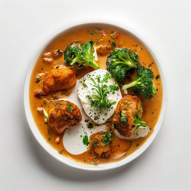 Poulet, brocoli au curry et lait de coco