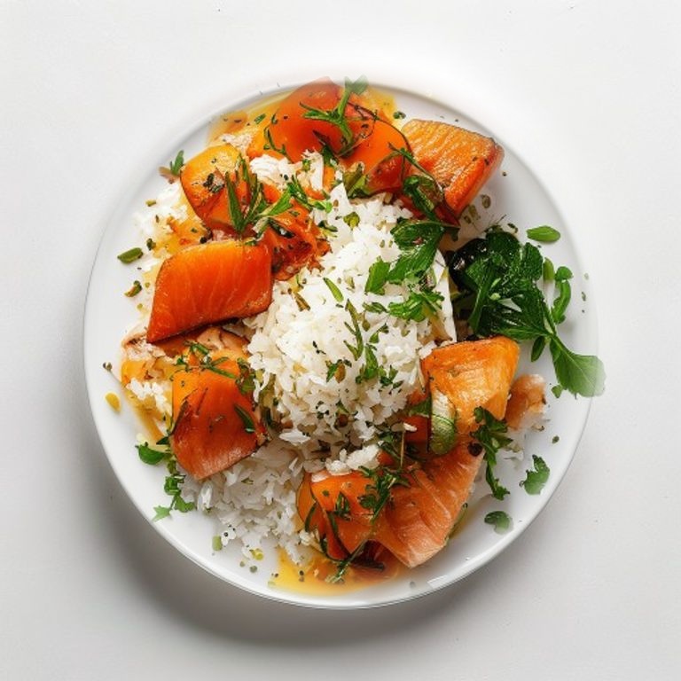 Saumon en croûte d'épices, riz et courgettes