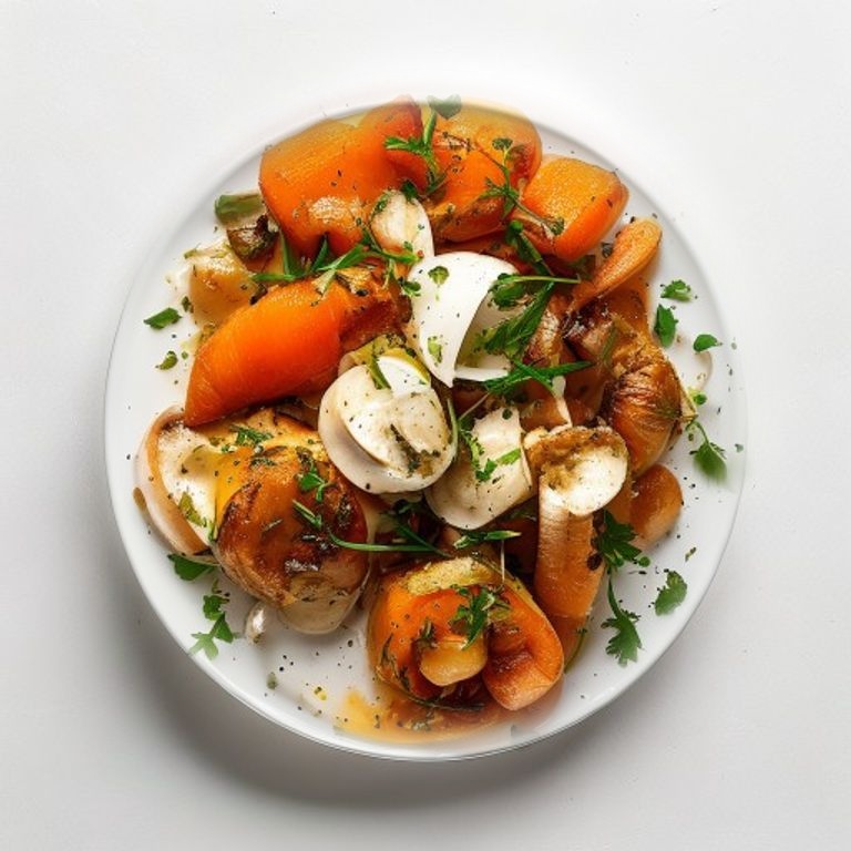 Poulet, carotte, champignons de Paris au curry