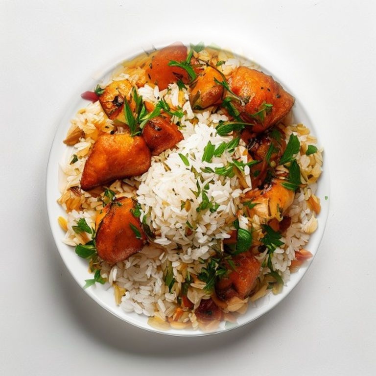 Poulet, riz basmati au curcuma et raisins secs
