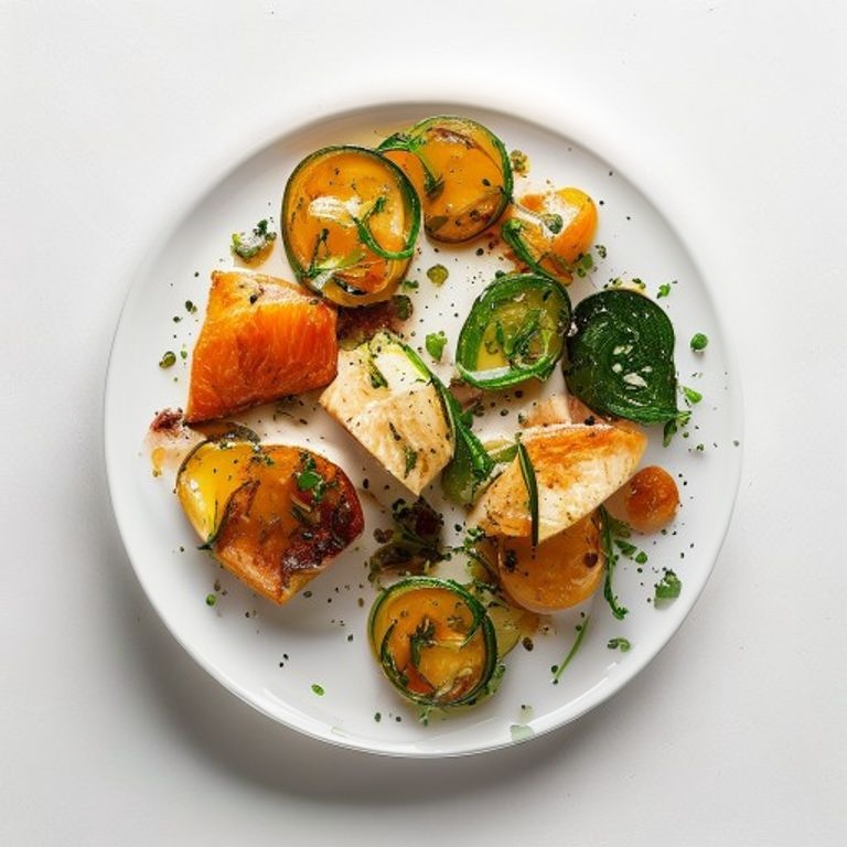 Saumon poêlé, poêlée de courgettes et échalote