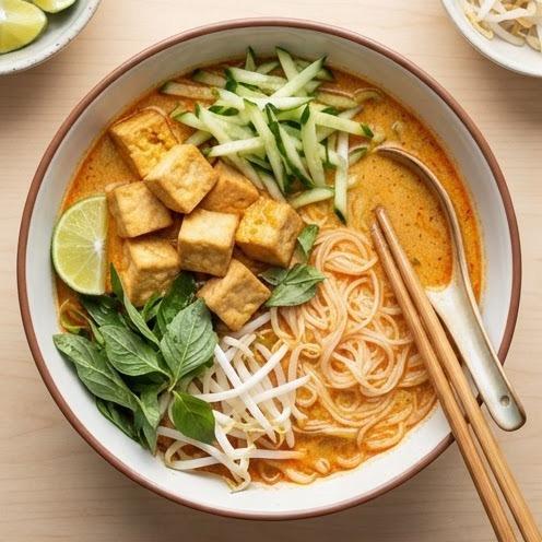 Soupe de vermicelles au curry coco façon laksa végétarienne