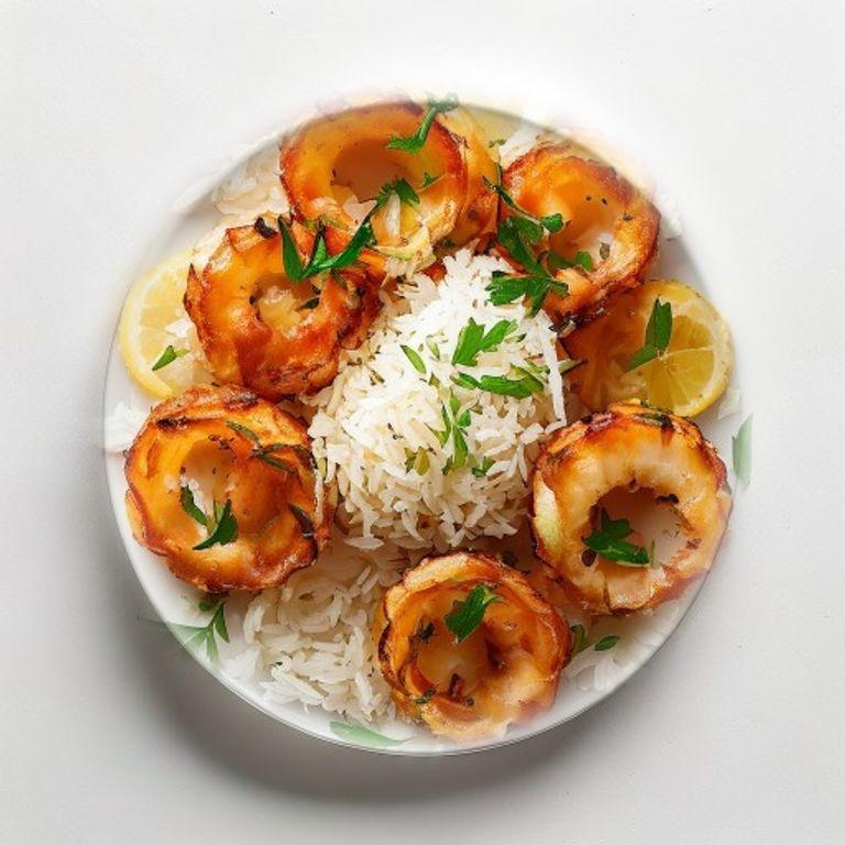 Anneaux de calamars panés, riz et citron