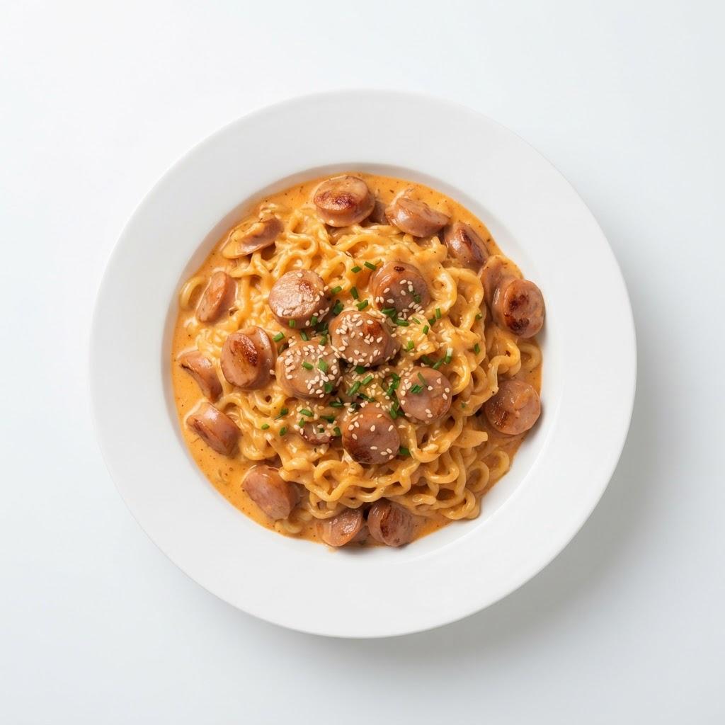 Buldak carbonara recette maison aux knacki, nouilles crémeuses
