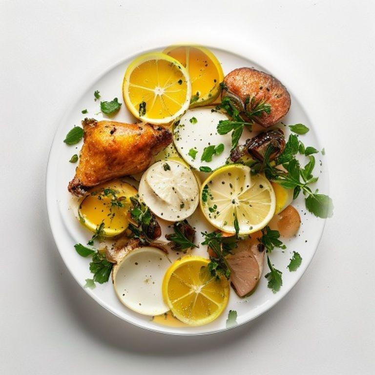 Poulet, artichauts, champignons de Paris et citron
