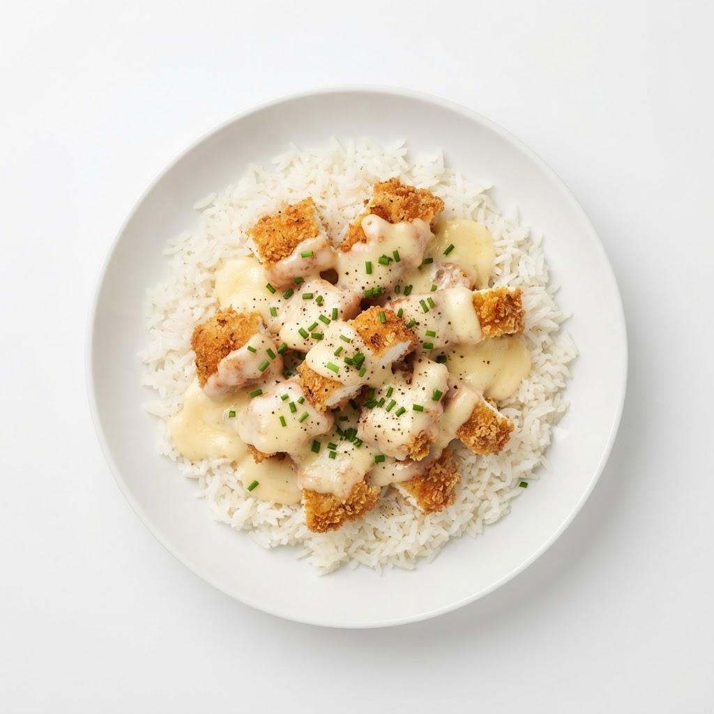 Recette crousty maison : poulet croustillant, riz et sauce fromagère
